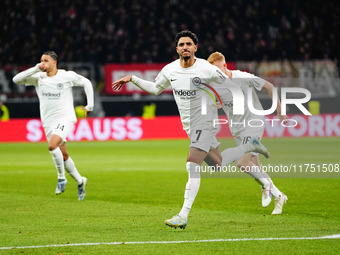 Omar Marmoush of Eintracht Frankfurt  celebrates the teams first goal during the Eurepa League Round 4 match between Eintracht Frankfurt v S...