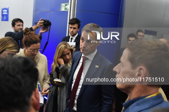 Alexander De Croo, Prime Minister of Belgium, holds a doorstep press conference on the 5th European Political Community Summit in Budapest,...