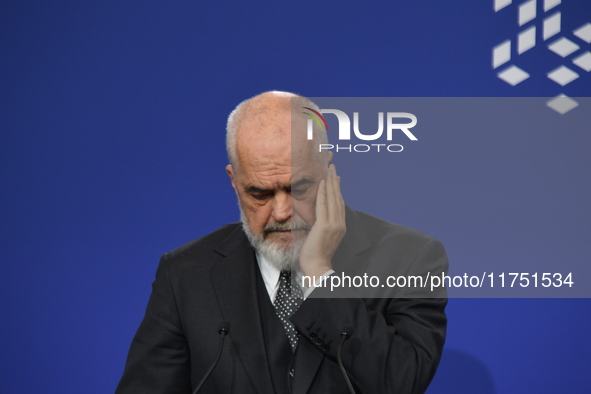 Edi Rama, Prime Minister of Albania, holds a joint press conference with Viktor Orban, Hungarian Prime Minister (not pictured), after the 5t...