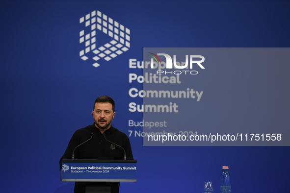 Volodymyr Zelenskyy, President of Ukraine, holds a press conference after the 5th European Political Community Summit in Budapest, Hungary,...