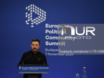 Volodymyr Zelenskyy, President of Ukraine, holds a press conference after the 5th European Political Community Summit in Budapest, Hungary,...