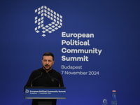 Volodymyr Zelenskyy, President of Ukraine, holds a press conference after the 5th European Political Community Summit in Budapest, Hungary,...