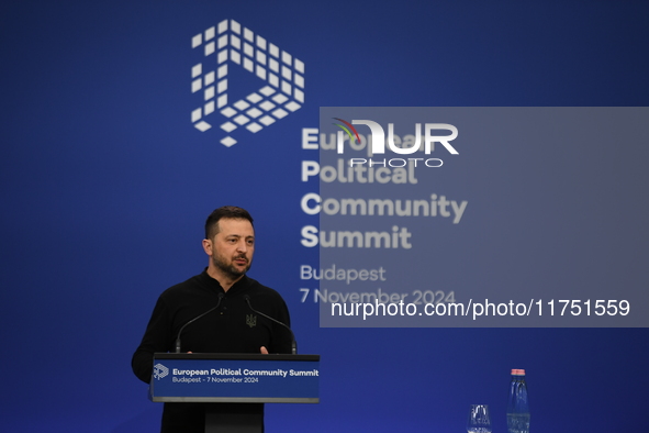 Volodymyr Zelenskyy, President of Ukraine, holds a press conference after the 5th European Political Community Summit in Budapest, Hungary,...