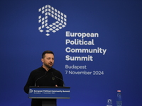 Volodymyr Zelenskyy, President of Ukraine, holds a press conference after the 5th European Political Community Summit in Budapest, Hungary,...