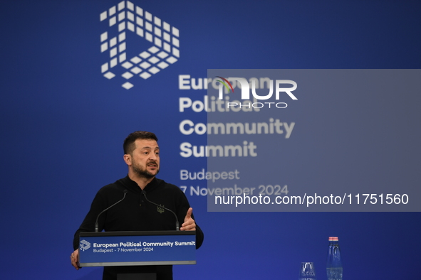 Volodymyr Zelenskyy, President of Ukraine, holds a press conference after the 5th European Political Community Summit in Budapest, Hungary,...