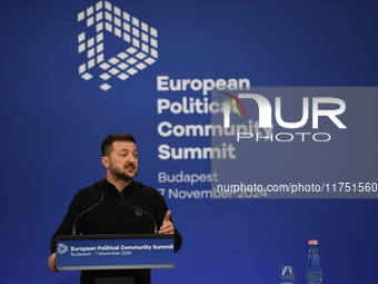 Volodymyr Zelenskyy, President of Ukraine, holds a press conference after the 5th European Political Community Summit in Budapest, Hungary,...