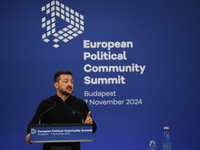 Volodymyr Zelenskyy, President of Ukraine, holds a press conference after the 5th European Political Community Summit in Budapest, Hungary,...