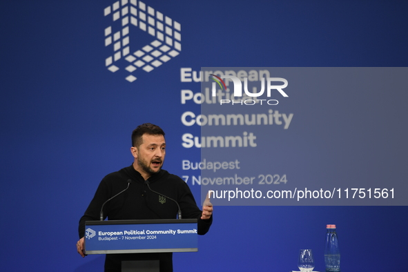 Volodymyr Zelenskyy, President of Ukraine, holds a press conference after the 5th European Political Community Summit in Budapest, Hungary,...