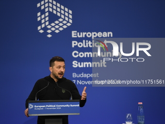 Volodymyr Zelenskyy, President of Ukraine, holds a press conference after the 5th European Political Community Summit in Budapest, Hungary,...