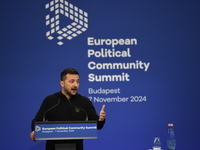 Volodymyr Zelenskyy, President of Ukraine, holds a press conference after the 5th European Political Community Summit in Budapest, Hungary,...