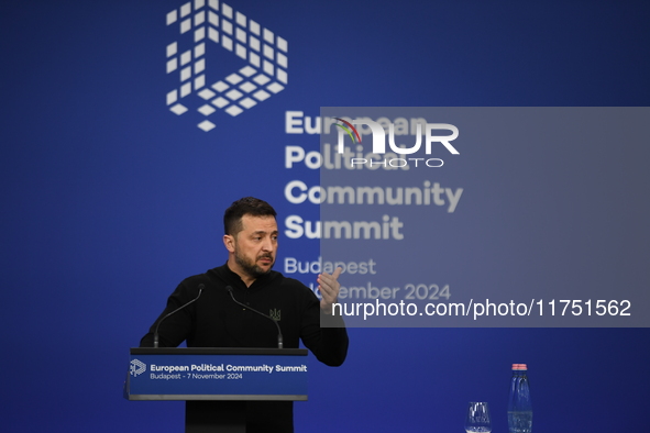 Volodymyr Zelenskyy, President of Ukraine, holds a press conference after the 5th European Political Community Summit in Budapest, Hungary,...