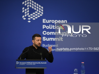 Volodymyr Zelenskyy, President of Ukraine, holds a press conference after the 5th European Political Community Summit in Budapest, Hungary,...