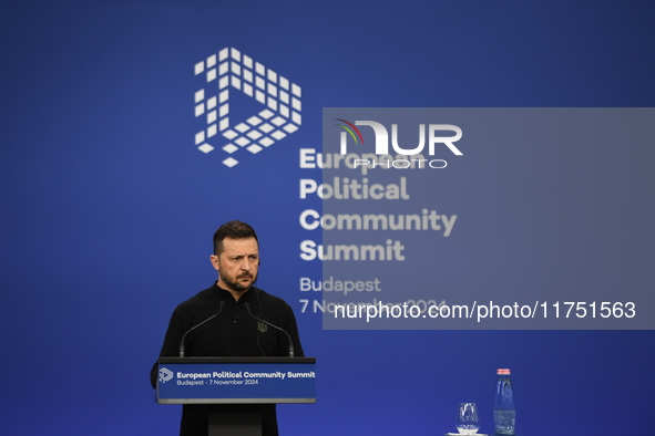 Volodymyr Zelenskyy, President of Ukraine, holds a press conference after the 5th European Political Community Summit in Budapest, Hungary,...