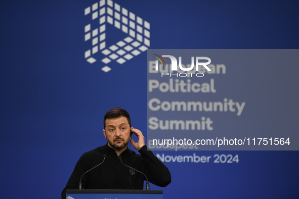 Volodymyr Zelenskyy, President of Ukraine, holds a press conference after the 5th European Political Community Summit in Budapest, Hungary,...