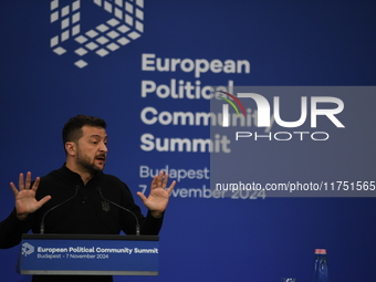 Volodymyr Zelenskyy, President of Ukraine, holds a press conference after the 5th European Political Community Summit in Budapest, Hungary,...