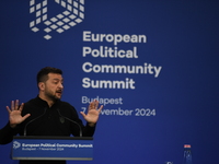 Volodymyr Zelenskyy, President of Ukraine, holds a press conference after the 5th European Political Community Summit in Budapest, Hungary,...