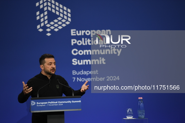 Volodymyr Zelenskyy, President of Ukraine, holds a press conference after the 5th European Political Community Summit in Budapest, Hungary,...