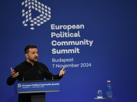 Volodymyr Zelenskyy, President of Ukraine, holds a press conference after the 5th European Political Community Summit in Budapest, Hungary,...