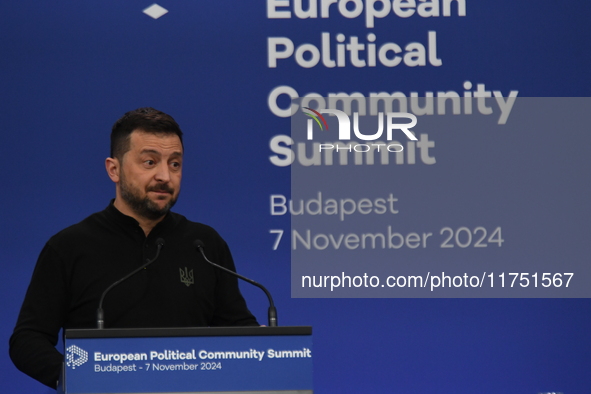 Volodymyr Zelenskyy, President of Ukraine, holds a press conference after the 5th European Political Community Summit in Budapest, Hungary,...