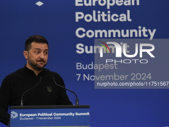 Volodymyr Zelenskyy, President of Ukraine, holds a press conference after the 5th European Political Community Summit in Budapest, Hungary,...