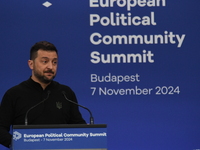 Volodymyr Zelenskyy, President of Ukraine, holds a press conference after the 5th European Political Community Summit in Budapest, Hungary,...