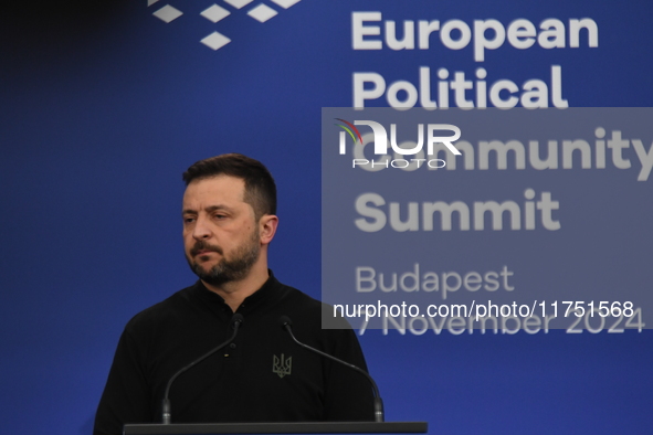 Volodymyr Zelenskyy, President of Ukraine, holds a press conference after the 5th European Political Community Summit in Budapest, Hungary,...