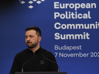 Volodymyr Zelenskyy, President of Ukraine, holds a press conference after the 5th European Political Community Summit in Budapest, Hungary,...