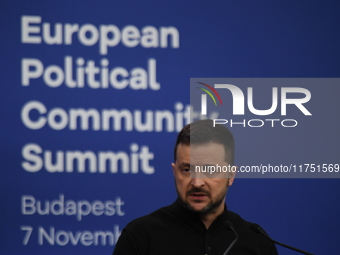 Volodymyr Zelenskyy, President of Ukraine, holds a press conference after the 5th European Political Community Summit in Budapest, Hungary,...