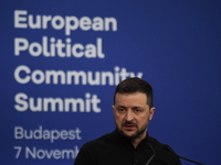 Volodymyr Zelenskyy, President of Ukraine, holds a press conference after the 5th European Political Community Summit in Budapest, Hungary,...