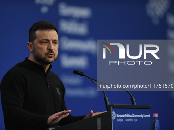 Volodymyr Zelenskyy, President of Ukraine, holds a press conference after the 5th European Political Community Summit in Budapest, Hungary,...