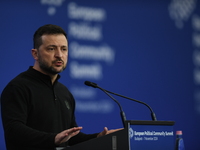 Volodymyr Zelenskyy, President of Ukraine, holds a press conference after the 5th European Political Community Summit in Budapest, Hungary,...