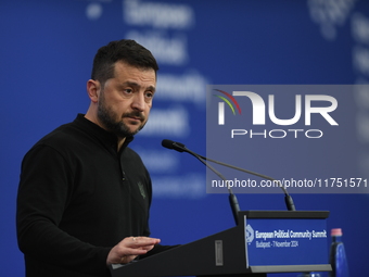 Volodymyr Zelenskyy, President of Ukraine, holds a press conference after the 5th European Political Community Summit in Budapest, Hungary,...