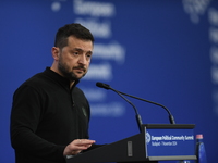 Volodymyr Zelenskyy, President of Ukraine, holds a press conference after the 5th European Political Community Summit in Budapest, Hungary,...