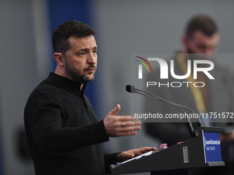 Volodymyr Zelenskyy, President of Ukraine, holds a press conference after the 5th European Political Community Summit in Budapest, Hungary,...