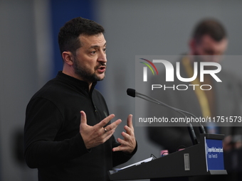 Volodymyr Zelenskyy, President of Ukraine, holds a press conference after the 5th European Political Community Summit in Budapest, Hungary,...