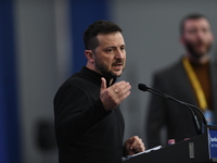 Volodymyr Zelenskyy, President of Ukraine, holds a press conference after the 5th European Political Community Summit in Budapest, Hungary,...