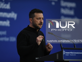 Volodymyr Zelenskyy, President of Ukraine, holds a press conference after the 5th European Political Community Summit in Budapest, Hungary,...