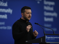 Volodymyr Zelenskyy, President of Ukraine, holds a press conference after the 5th European Political Community Summit in Budapest, Hungary,...