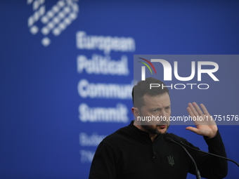 Volodymyr Zelenskyy, President of Ukraine, holds a press conference after the 5th European Political Community Summit in Budapest, Hungary,...