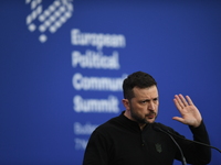 Volodymyr Zelenskyy, President of Ukraine, holds a press conference after the 5th European Political Community Summit in Budapest, Hungary,...