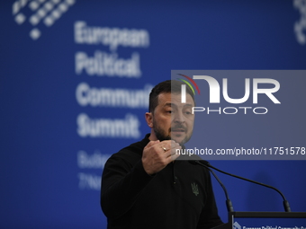 Volodymyr Zelenskyy, President of Ukraine, holds a press conference after the 5th European Political Community Summit in Budapest, Hungary,...