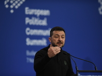 Volodymyr Zelenskyy, President of Ukraine, holds a press conference after the 5th European Political Community Summit in Budapest, Hungary,...