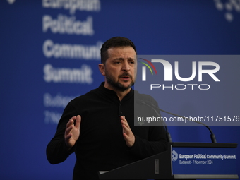 Volodymyr Zelenskyy, President of Ukraine, holds a press conference after the 5th European Political Community Summit in Budapest, Hungary,...