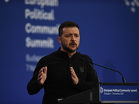 Volodymyr Zelenskyy, President of Ukraine, holds a press conference after the 5th European Political Community Summit in Budapest, Hungary,...