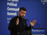 Volodymyr Zelenskyy, President of Ukraine, holds a press conference after the 5th European Political Community Summit in Budapest, Hungary,...