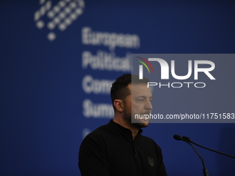 Volodymyr Zelenskyy, President of Ukraine, holds a press conference after the 5th European Political Community Summit in Budapest, Hungary,...