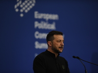 Volodymyr Zelenskyy, President of Ukraine, holds a press conference after the 5th European Political Community Summit in Budapest, Hungary,...