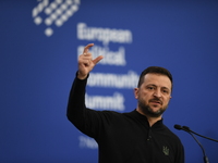 Volodymyr Zelenskyy, President of Ukraine, holds a press conference after the 5th European Political Community Summit in Budapest, Hungary,...