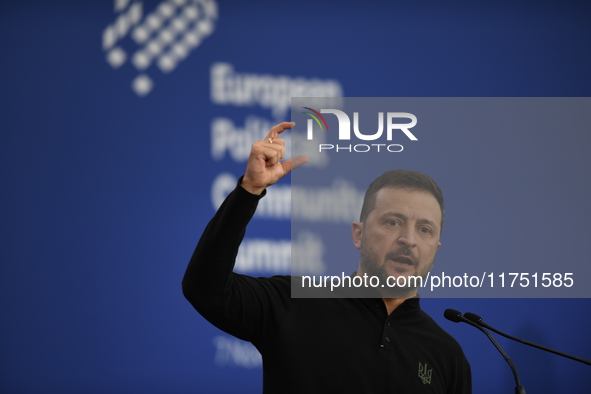 Volodymyr Zelenskyy, President of Ukraine, holds a press conference after the 5th European Political Community Summit in Budapest, Hungary,...