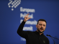 Volodymyr Zelenskyy, President of Ukraine, holds a press conference after the 5th European Political Community Summit in Budapest, Hungary,...